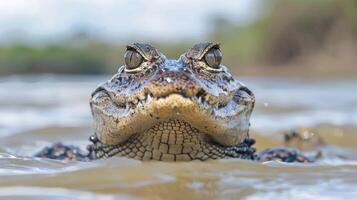 Close-up of a crocodile emerging from the water, surrounded by a natural habitat with blurred greenery photo