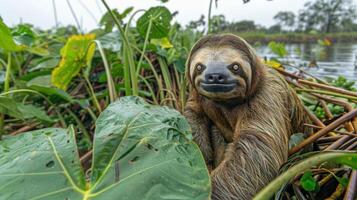 A sloth resting among lush green foliage by a tranquil river, showcasing its unique expression and habitat photo