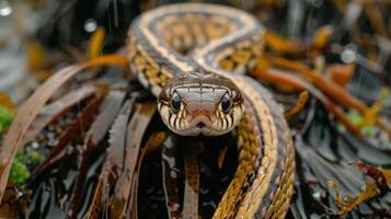 Close-up of a vibrant snake resting on wet seaweed, with droplets glistening in the background photo