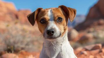 Close-up portrait of a dog in a desert landscape with vibrant rock formations in the background photo