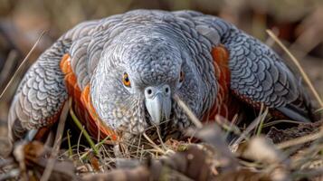 Close-up of a striking bird with vibrant plumage, blending into a natural setting, showcasing its intense gaze photo