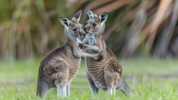 Two kangaroos playfully interacting in a lush green field with blurred foliage in the background photo