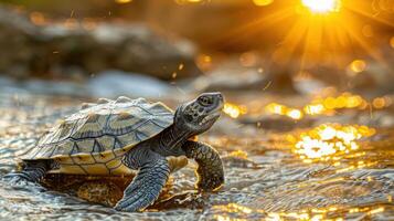 A turtle gracefully navigates a shimmering stream at sunset, with golden rays illuminating the scene photo