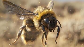 Close-up of a bee in flight, surrounded by golden pollen in a natural setting, capturing its beauty photo