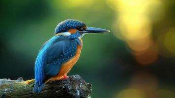 Vibrant kingfisher perched on a branch, surrounded by a soft, blurred natural background photo