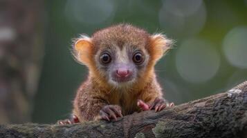 Close-up of a curious small primate perched on a branch in a lush green forest setting photo