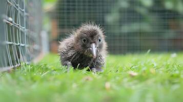 A young kiwi chick exploring its grassy enclosure with a blurred background of a natural habitat photo