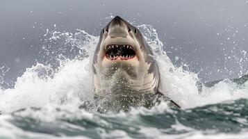 Great white shark breaching the surface of the ocean, showcasing its powerful jaws and dynamic movement photo