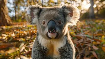 Close-up of a curious koala in a natural setting surrounded by autumn leaves and trees photo
