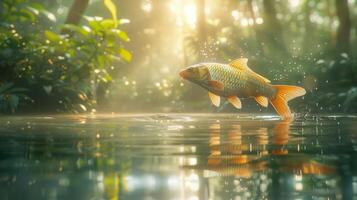 A vibrant fish leaps from a serene pond, surrounded by lush greenery and soft sunlight filtering through trees photo