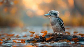 A serene kingfisher perched on a log amidst autumn leaves in a tranquil water setting photo