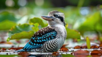 Colorful bird perched on lily pads in a serene wetland, surrounded by lush greenery and reflections photo