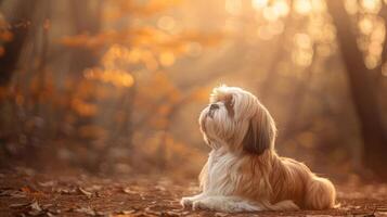 A serene Shih Tzu dog sits gracefully amidst autumn leaves in a sunlit forest photo