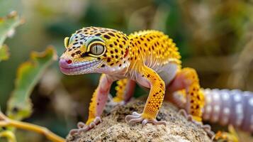 Vibrant leopard gecko perched on a rock in a lush, green environment, showcasing its unique colors photo