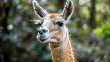 Close-up portrait of a llama with a soft expression, surrounded by lush greenery in a serene environment photo