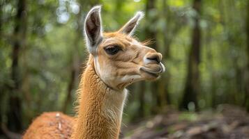 Close-up of a llama in a lush forest, showcasing its features and serene environment photo