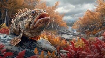 A vibrant fish resting on a rock amidst autumn foliage by a serene river under cloudy skies photo
