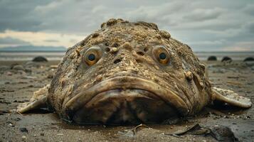 Close-up of a stranded fish on a sandy beach with cloudy skies and distant waves photo