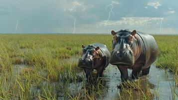 Two hippos wading through a grassy wetland under a stormy sky with lightning in the background photo