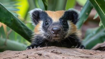 Close-up of a curious mammal peeking from behind foliage in a vibrant, natural setting photo