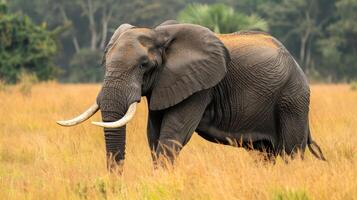 Majestic elephant grazing in golden savannah grasslands with lush greenery in the background photo