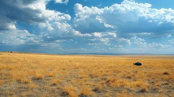 Vast golden grassland under a dramatic sky with clouds, featuring a solitary turtle in the distance photo