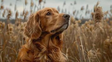 Golden retriever gazing thoughtfully amidst tall grasses in a serene landscape photo