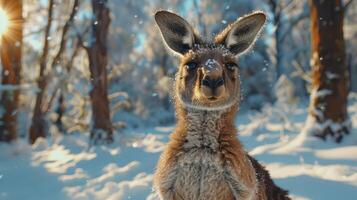 A young kangaroo stands in a snowy forest, surrounded by trees and soft sunlight filtering through photo