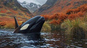 Majestic orca emerging from tranquil waters, surrounded by vibrant autumn foliage and mountains photo