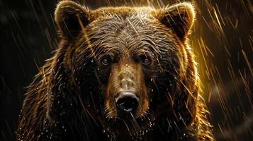 Close-up of a wet bear's face in a forest during rain, showcasing its intense gaze and nature's beauty photo