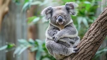A koala resting on a tree branch in a lush green environment with blurred foliage background photo