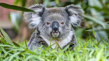 Close-up of a koala resting in lush green grass with blurred foliage in the background photo