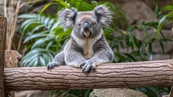 A relaxed koala lounging on a log amidst lush greenery in a natural habitat setting photo