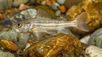Underwater view of a fish swimming among pebbles in a clear stream, showcasing aquatic life photo