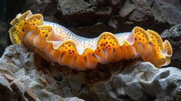 Vibrant sea creature resting on rocky ocean floor, showcasing colorful patterns and textures photo
