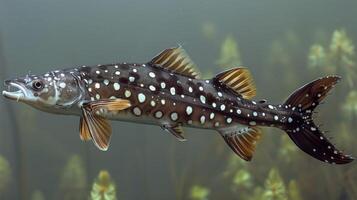 Underwater view of a spotted fish swimming gracefully among aquatic vegetation in a serene habitat photo