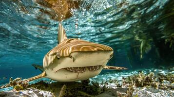 Underwater view of a shark swimming close to the camera in a vibrant coral reef setting photo