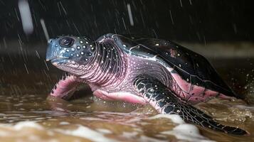 A close-up of a turtle emerging from the ocean, rain falling, with a blurred sandy beach background photo