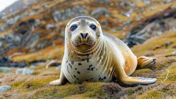de cerca de un sello descansando en un herboso apuntalar con rocoso colinas en el fondo, exhibiendo naturaleza foto