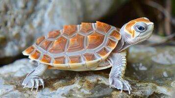 A young turtle with vibrant shell patterns resting on a rock near a serene water source photo