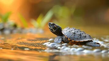 A small turtle gracefully swimming in a serene pond surrounded by lush greenery and soft sunlight photo