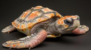 Close-up of a vibrant turtle showcasing intricate shell patterns against a dark background photo