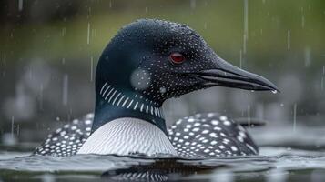 Close-up of a Common Loon swimming in a rain-soaked lake with droplets cascading down photo