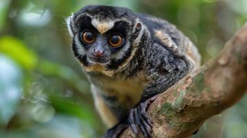 Close-up of a curious primate perched on a branch in a lush green forest environment photo