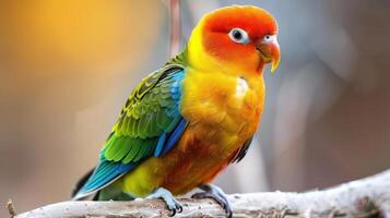Vibrant parrot perched on a branch with a colorful background in a natural setting photo