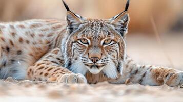 Close-up of a lynx resting on the ground, showcasing its striking features and fur texture photo