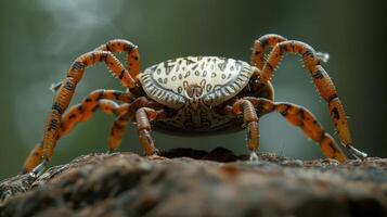 Close-up view of a vibrant crab perched on a textured surface in a natural setting photo