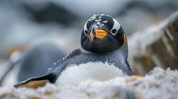 Close-up of a Gentoo penguin resting on a snowy landscape in a chilly environment photo