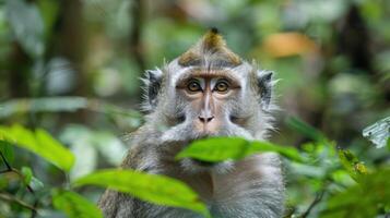 Close-up of a monkey in a lush green forest, surrounded by foliage, showcasing its curious expression photo