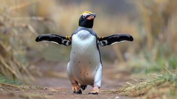 A king penguin confidently waddles along a grassy path in a serene, natural habitat photo